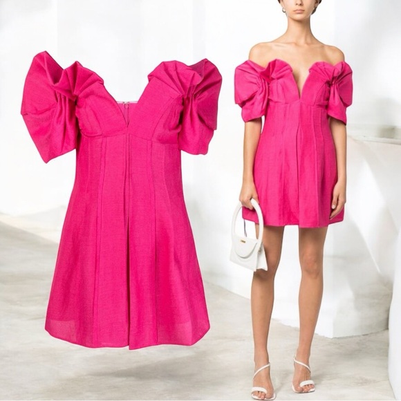 CULT GAIA Asal Off-The-Shoulder Gathered Woven Mini Dress - Fuchsia $598 - Picture 1 of 8